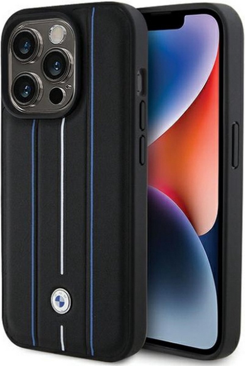 BMW Leather Blue Lines Back Case - Geschikt voor Apple iPhone 15 Pro (6.1") - Zwart