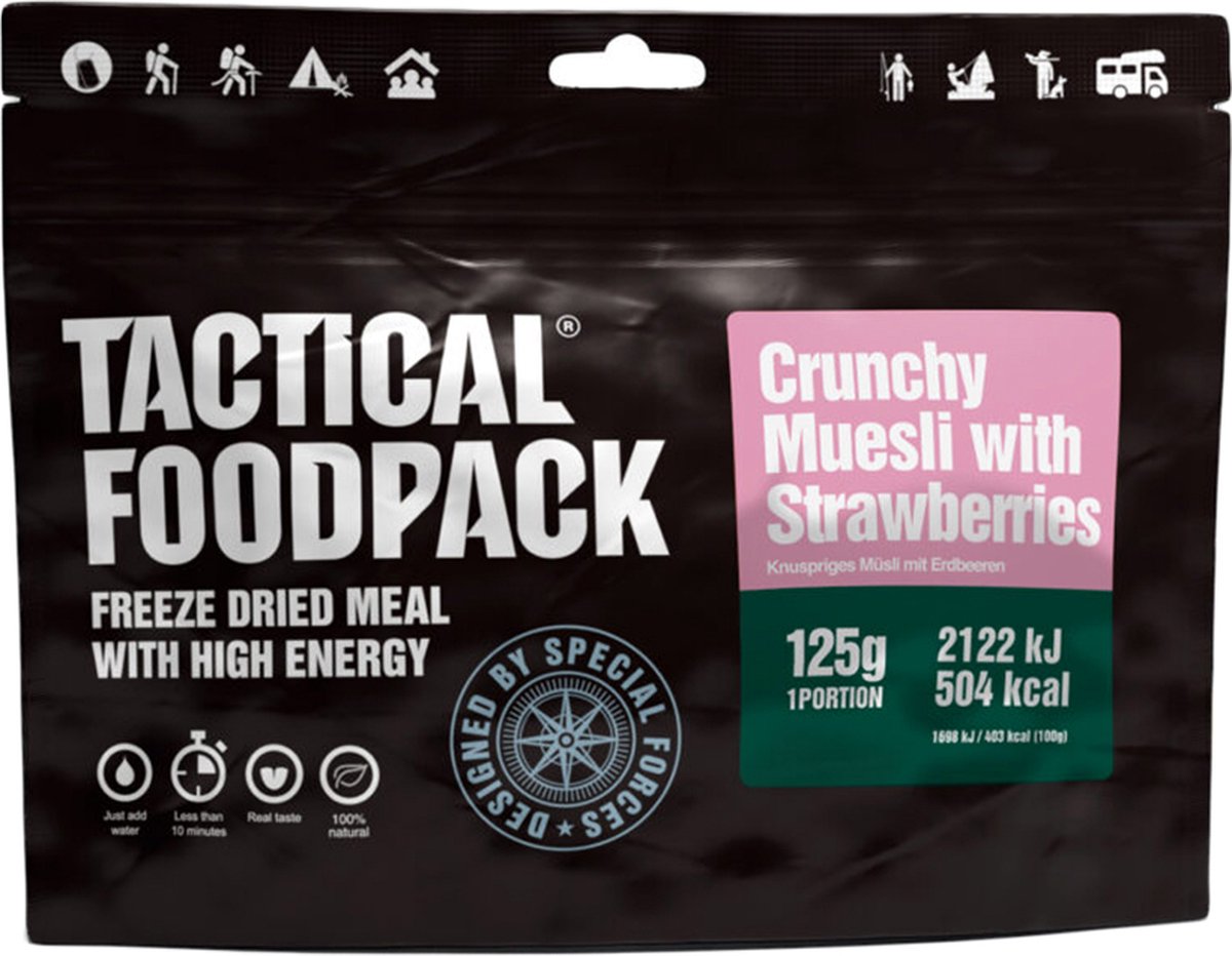 Tactical FoodPack Crunchy Muesli with Strawberries (125g) - 504kcal - buitensportvoeding - vriesdroogmaaltijd - survival eten - prepper - 4 jaar houdbaar - ontbijt of lunch