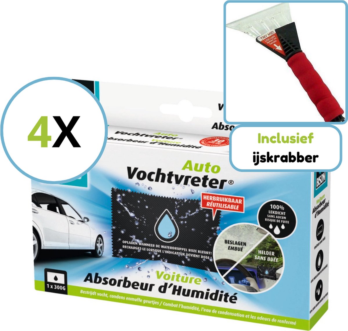 Bol.com Bison Auto Vochtvreter - Auto Ontvochtiger - Herbruikbaar - 300 gram - 4 Stuks - Inclusief ijskrabber aanbieding