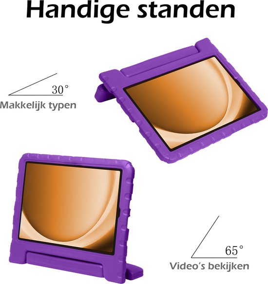 Paarse kindvriendelijke tablethoes in staande modus voor typen (30°) en video's bekijken (65°). "Handige standen".