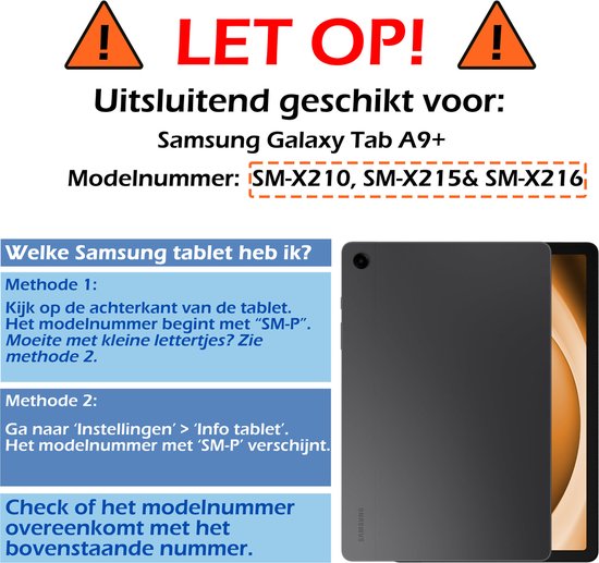 Zwarte Samsung tablet A9+ met tekst 'LET OP! Uitsluitend geschikt voor: Samsung Galaxy Tab A9+'.