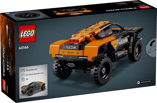 Doos van LEGO Technic 42166 NEOM McLaren Extreme E Team. De auto is zwart met oranje accenten.