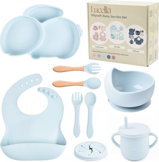 Lucellia® Siliconen babyservies set – 10 Delig Konijn BabyBlauw – Kinderservies set – Kinderbord- Kom – Met Zuignap– Kinderbestek – Babybestek – Slabbetjes – Baby drinkbeker - Tuitbeker baby - Snack cup - Kraamcadeau jongen– Babyshower cadeau