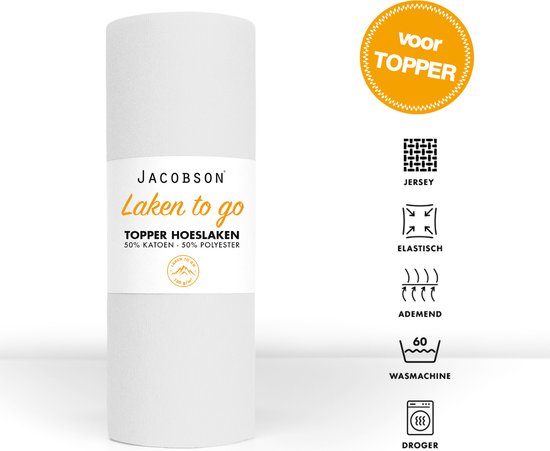 Jacobson - Hoeslaken Topper - 180x200cm - Jersey Katoen - tot 12cm matrasdikte - Wit - JACOBSON