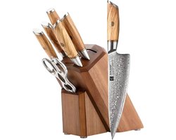 Xinzuo B37 Damascus series - 8-delige messenset met messenblok