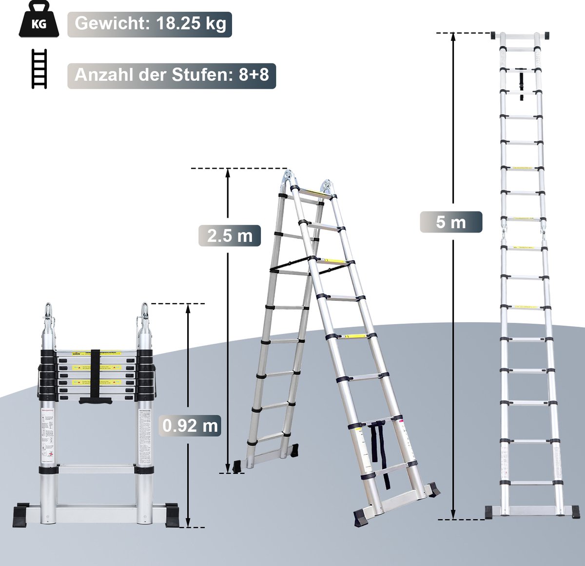 Telescopische Vouwladder - Telescopische Ladders - Soft Close - Werkhoogte 2,5+2,5 m - zilverachtig met stabilisator + wielen – foto 2