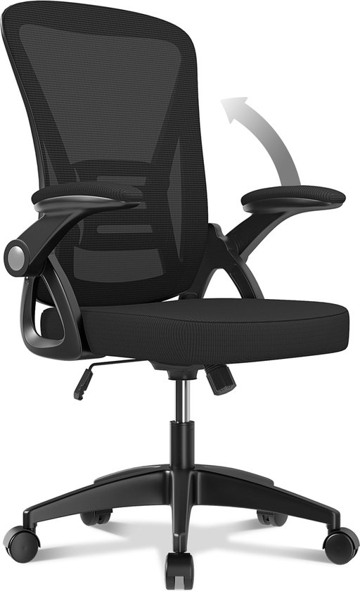 Chaise de bureau - Chaise ergonomique BIGZZIA - Fauteuil avec accoudoir rabattable à 90° - Support lombaire - Hauteur réglable Zwart