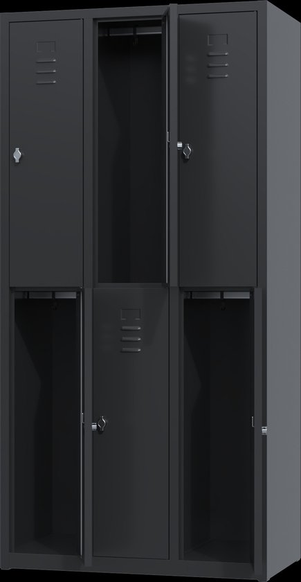 Metalen lockerkast zwart - 6 deurs 3 delig - met slot - 180x88,5x50 cm - voordeel lijn - PLP-102