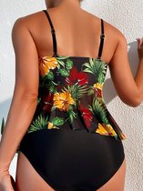 Tankini set met tropische print- Push- up beugel doorschijnend top- Hoog uitgesneden 2-delig Bikini Badpak Zwempak met Spaghettibandjes- Dames Badmode Badkleding 403- Zwart meerkleurig- Maat L/XL