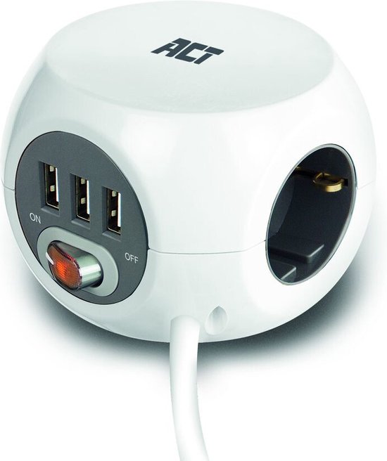 Foto: Act vierkante stekkerdoos pdu met 3 sockets type f 3 usb a poorten 3m wit ac2410