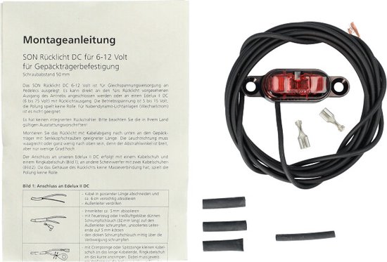 Zwart SON Rücklicht DC met rode LED en zwarte kabel, geschikt voor montage op bagagedragers met een afstand van 50 mm.