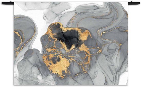 Velours Wandkleed Abstract Marmer Look Grijs met Goud 03 Rechthoek Horizontaal XXL (130 X 180 CM) - Wandkleden - Met roedes