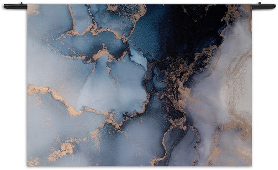 Velours Wandkleed Marmer Look Chique Donker Blauwtinten met Goud 03 Rechthoek Horizontaal M (65 X 90 CM) - Wandkleden - Met roedes