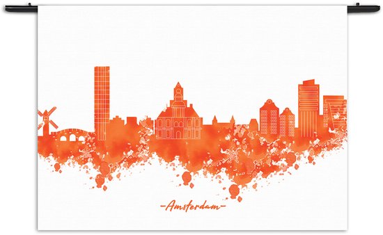 Velours Wandkleed Skyline Amsterdam Watercolor Paint Rechthoek Horizontaal XXXL (150 X 210 CM) - Wandkleden - Met roedes