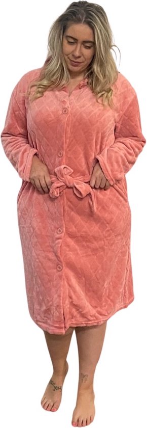 Badjas met knopen – roze badjas voor dames - dames badjas fleece – met knoopsluiting – zacht & warm - maat XL