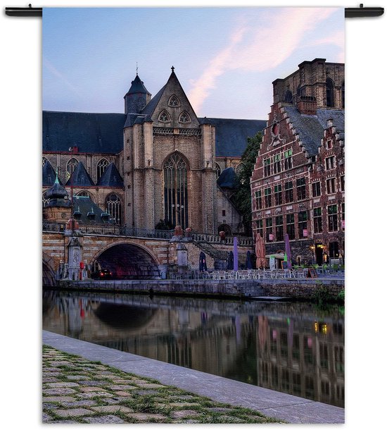 Mezo Wandkleed Middeleeuwse Kathedraal en Brug Gent Rechthoek Verticaal S (85 X 60 CM) - Wandkleden - Met roedes