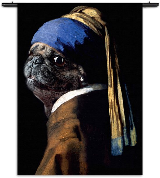 Mezo Wandkleed Menselijke Bulldog Hond Als Meisje Met De Parel Rechthoek Verticaal XXXL (260 X 210 CM) - Wandkleden - Met roedes
