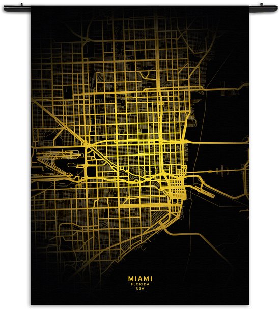 Mezo Wandkleed Miami Plattegrond Zwart Geel Rechthoek Verticaal S (85 X 60 CM) - Wandkleden - Met roedes