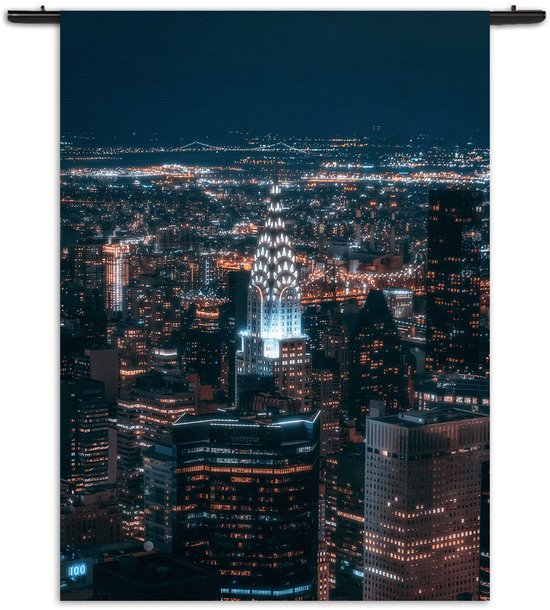 Mezo Wandkleed Chrysler Building New York at Night Rechthoek Verticaal XXL (250 X 180 CM) - Wandkleden - Met roedes