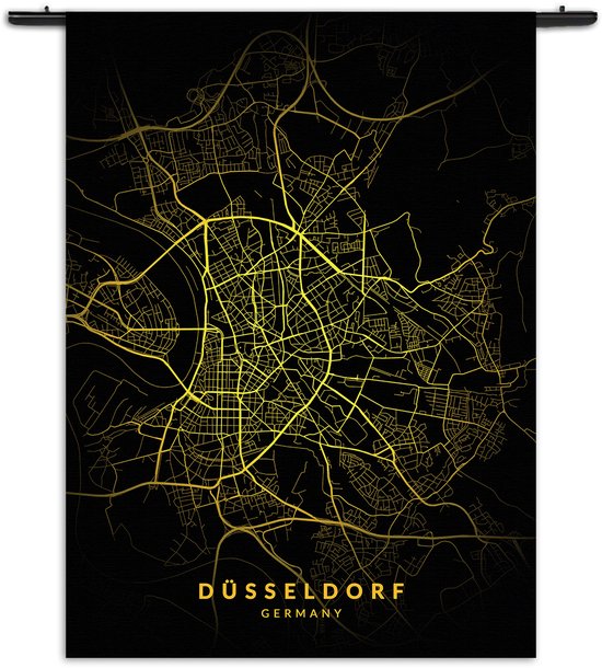 Mezo Wandkleed Düsseldorf Plattegrond Zwart Geel Rechthoek Verticaal L (165 X 120 CM) - Wandkleden - Met roedes