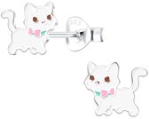 Joy|S - Zilveren kat poes oorbellen - 8 x 7 mm - wit met roze strikje - kinderoorbellen