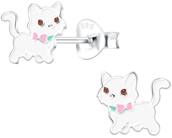 Joy|S - Zilveren kat poes oorbellen - 8 x 7 mm - wit met roze strikje - kinderoorbellen