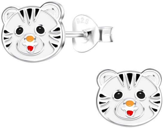 Joy|S - Zilveren tijger oorbellen - 8 x 7 mm - tijger kat oorknoppen voor kinderen - wit zwart