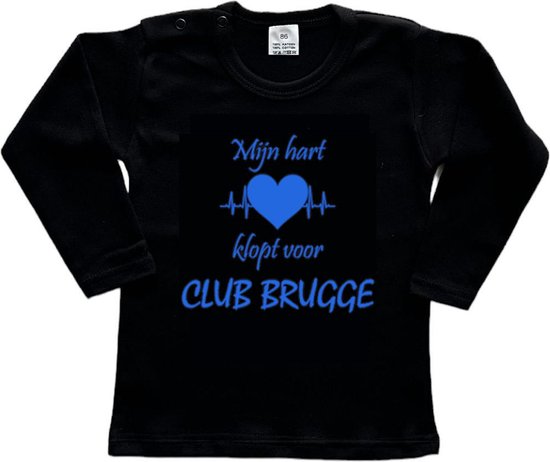 Brugge Kinder t-shirt Lange Mouw | "Mijn hart klopt voor CLUB BRUGGE | Verjaardagkado | verjaardag kado | grappig | jarig | Brugge | CLUB BRUGGE | cadeau | Cadeau | Zwart/blauw | Maat 74