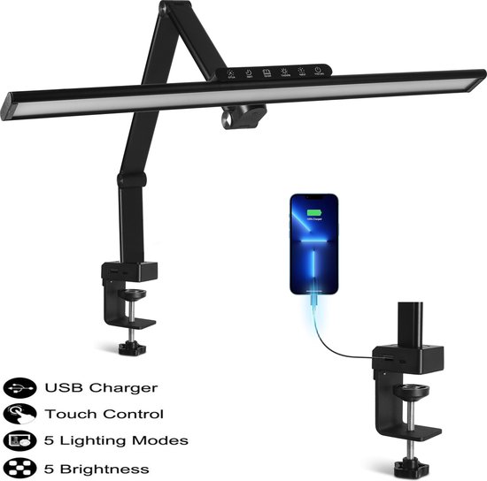 LED Bureaulamp Dimbare, Bureaulamp met Klem en Afstandsbediening, 5 Kleuren en 5 Helderheidsniveaus, Monitorlamp, Daglichtlamp, Geheugenfunctie, Wit