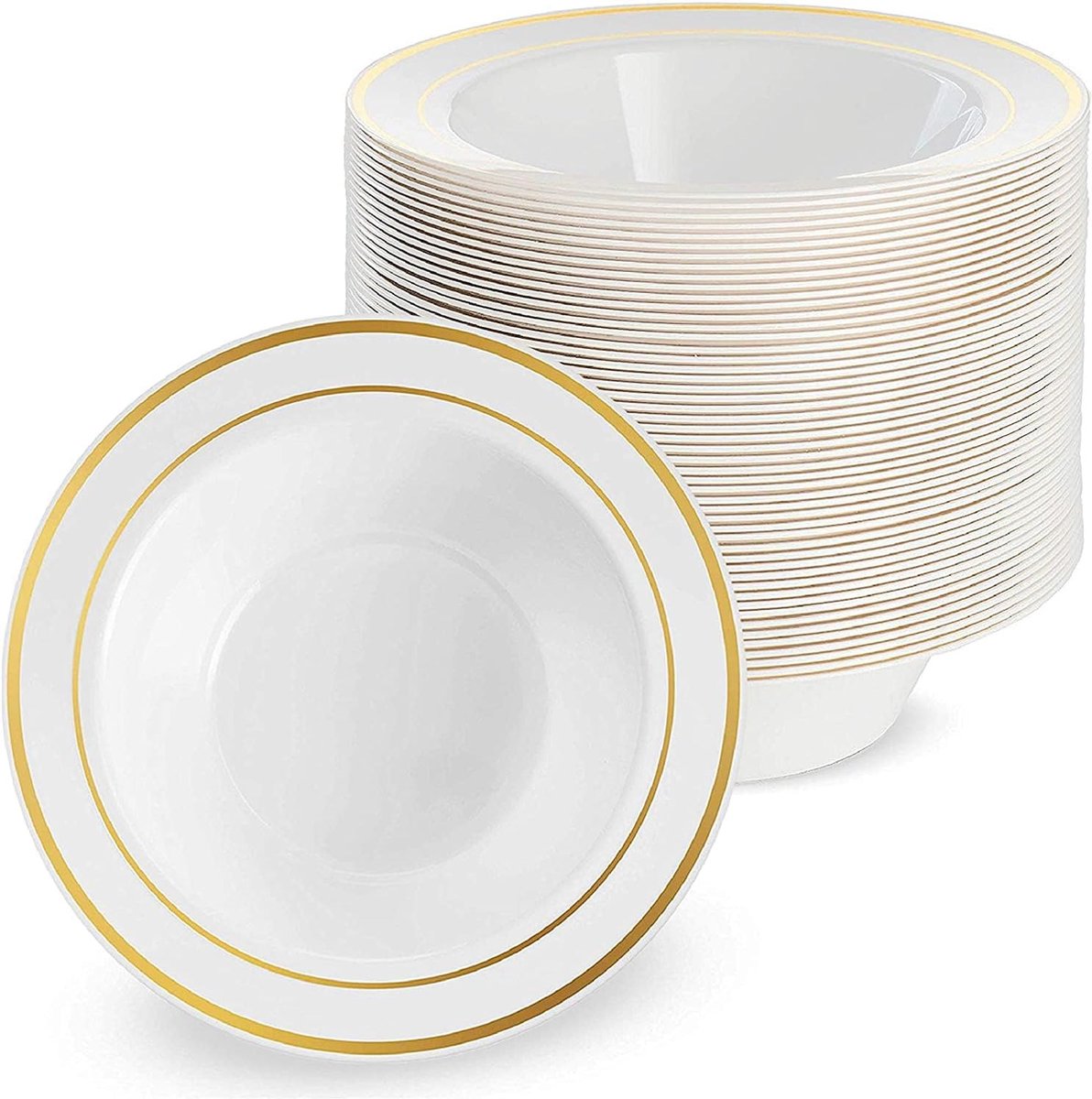 25 Witte Plastic Kommen met Gouden Rand Soepkommen voor Bruiloften Verjaardagen Doopfeesten Kerstmis & Feestjes (360 ml) Herbruikbaar & Stabiel