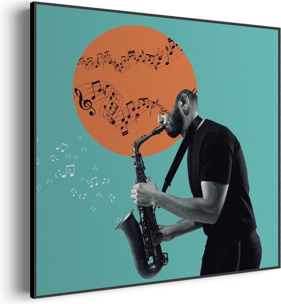 Akoestisch Schilderij Saxofonist Vierkant Basic S (50 X 50 CM) - Akoestisch paneel - Akoestische Panelen - Akoestische wanddecoratie - Akoestisch wandpaneel