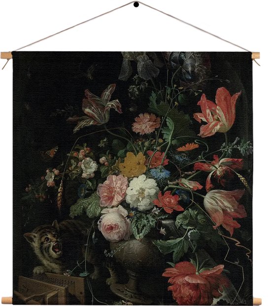 Textielposter Abraham Mignon De omvergeworpen ruiker 1660-1679 Vierkant XL (60 X 60 CM) - Wandkleed - Wanddoek - Wanddecoratie