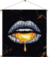 Textielposter Golden Money Lips Vierkant M (30 X 30 CM) - Wandkleed - Wanddoek - Wanddecoratie