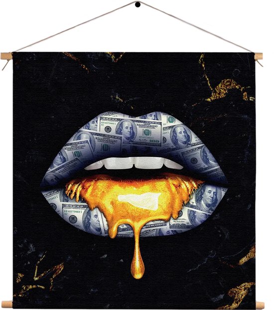 Textielposter Golden Money Lips Vierkant CM) - Wandkleed - Wanddoek - Wanddecoratie