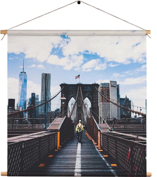 Textielposter Brooklyn Bridge New York Daglicht Vierkant XL (60 X 60 CM) - Wandkleed - Wanddoek - Wanddecoratie