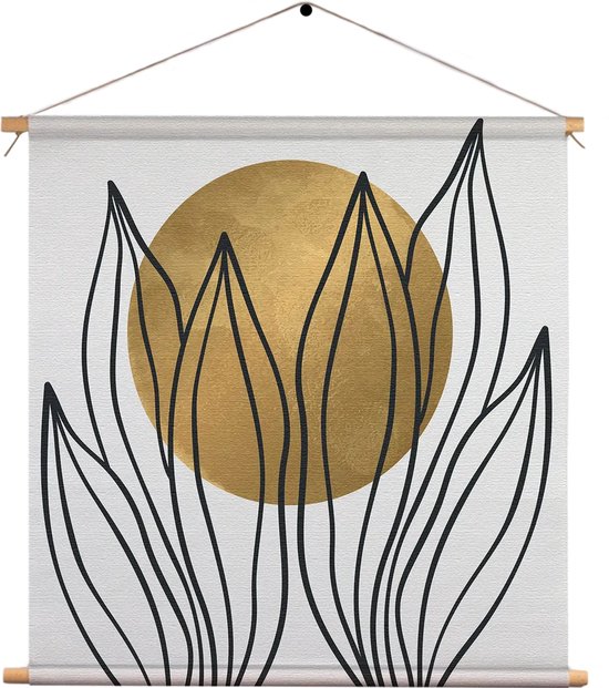 Textielposter Scandinavisch Design Plant met Goud Element 01 Vierkant XL (60 X 60 CM) - Wandkleed - Wanddoek - Wanddecoratie