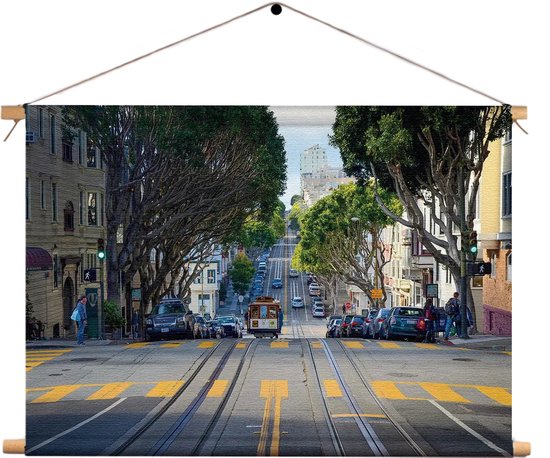 Textielposter San Francisco Tram Rechthoek Horizontaal XL (75 X 90 CM) - Wandkleed - Wanddoek - Wanddecoratie