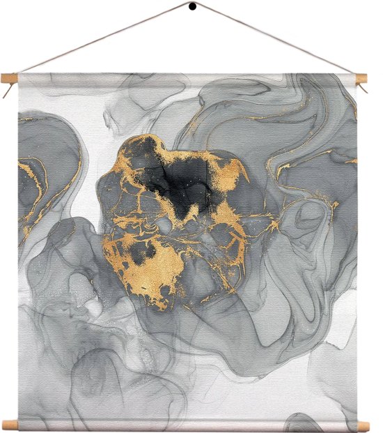 Textielposter Abstract Marmer Look Grijs met Goud 03 Vierkant XXL (90 X 90 CM) - Wandkleed - Wanddoek - Wanddecoratie