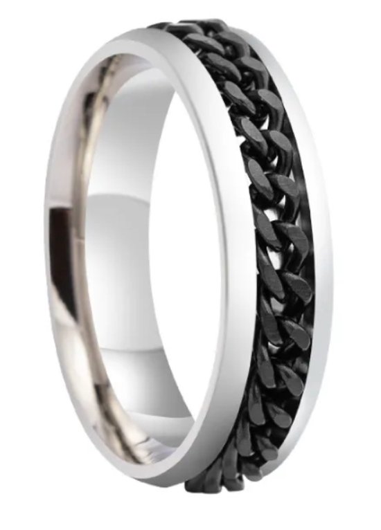 Plux Fashion Ketting Ring - Zilver/Zwart - maat 60 - 1,9cm - Stainless Steel - Dames - Heren - Sieraden - Zwarte Ringen – Chain Ring - Sieraden Cadeau - Luxe Style - Duurzame Kwaliteit - Kerst - Black Friday