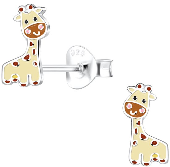 Joy|S - Zilveren giraf oorbellen - 4 x 9 mm - giraffe kinderoorbellen - t07