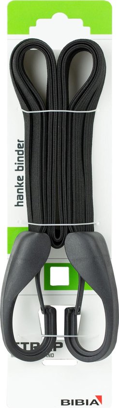 Zwarte snelbinder Hanke met twee grijze haken, verpakt op een kaart.