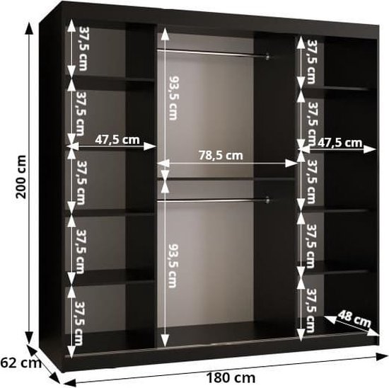 Armoire à portes coulissantes Armoire avec 2 portes coulissantes Armoire armoire de chambre Tringle à vêtements avec étagères (LxHxP) : 180x200x60 cm - Rumble I (Zwart, 180) avec tiroirs