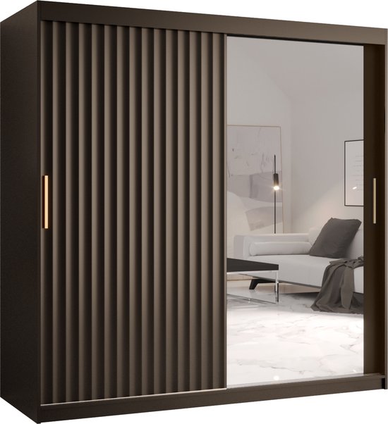 Zweefdeurkast met spiegel Kledingkast met 3 schuifdeuren Garderobekast slaapkamerkast Kledingstang met planken (LxHxP): 180x200x62 cm - Rikid W2 (Zwart, 180)