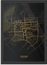 Poster Lelystad Plattegrond Zwart Geel Rechthoek Verticaal Met Lijst XL (50 X 70 CM) - Zwarte Lijst - Wanddecoratie - Posters