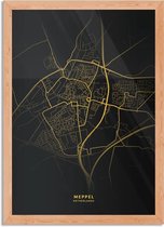 Poster Meppel Plattegrond Zwart Geel Rechthoek Verticaal Met Lijst XL (50 X 70 CM) - Hout - Houten Lijst - Bruine Lijst - Wanddecoratie - Posters