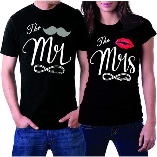 PicOnTshirt - Teetalks Series - T-Shirt Dames - T-Shirt Heren - T-Shirt Met Print - Couple T-Shirt Met Mr. and Mrs. Print - 2 Pack - Zwart - Heren L/Dames XL