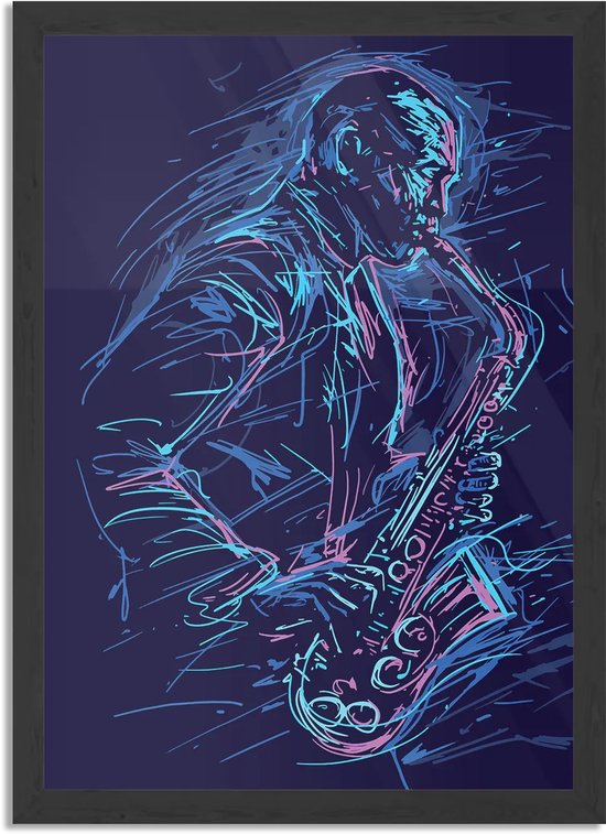 Poster Kleurrijke Saxofonist 02 Rechthoek Verticaal Met Lijst XL (50 X 70 CM) - Zwarte Lijst - Wanddecoratie - Posters
