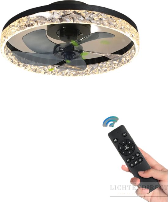Lichtendirect- Plafondventilator met verlichting - Smart Lamp - 6 Standen Ventilator – Plafonniere Keuken Lamp - Woonkamerlamp - Dimbaar met afstandsbediening- APP functie- Zwart