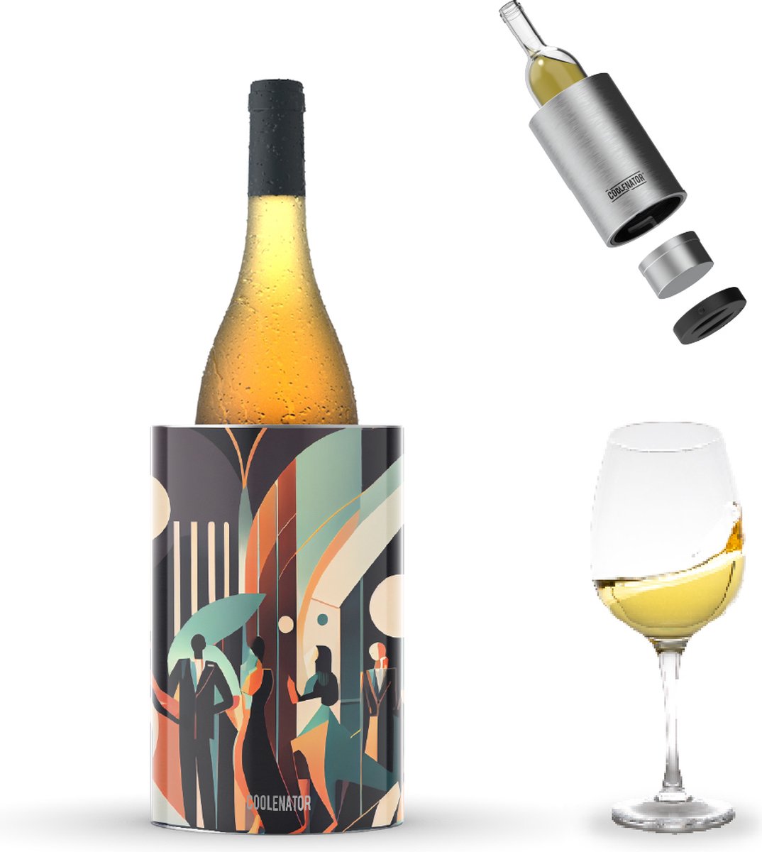 Coolenator Wijnkoeler – Champagnekoeler – Flessenkoeler met Uniek Uitneembaar Vrieselement – Hoogwaardig Aluminium – Art Deco People