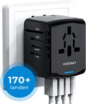 Voomy Universele Wereldstekker - Reisadapter voor 170+ landen - USB-C & 3 USB-A - Reisstekker Wereld: Amerika (USA), Engeland (UK), Australië, Zuid Amerika, Afrika, Italië, Thailand - Zwart